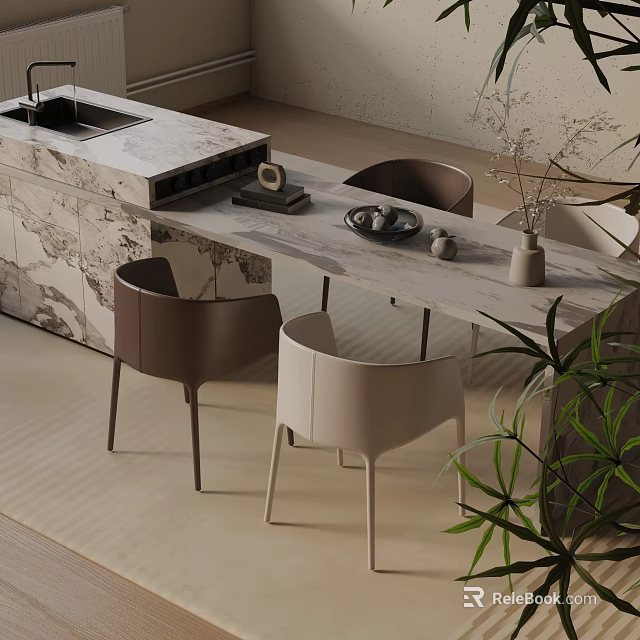 Modern Dining Table Set With Marble Top And Beige Chairs Decorative Vase And Green Plant 3d model 
