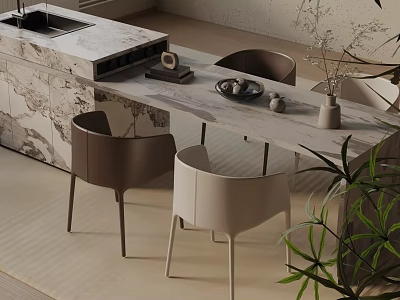 Modern Dining Table Set With Marble Top And Beige Chairs Decorative Vase And Green Plant 3d model