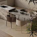 Modern Dining Table Set With Marble Top And Beige Chairs Decorative Vase And Green Plant