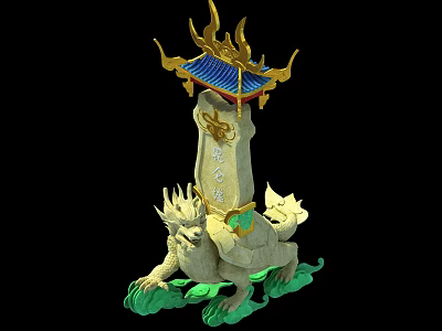 Traditional Stone Wood Sculpture With Golden Decorations Blue Roof And Turtle Shaped Base 3d model
