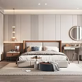 Elegant Modern Bedroom Interior With Striped Wall Round Mirror Soft Rug And Wooden Headboard