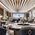 Elegant Banquet Hall Interior Design With Crystal Chandeliers Round Tables And Blue Chairs