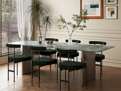 Elegant Restaurant Interior With Long Marble Table Green Chairs Potted Plants And Framed Art 3d model