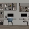 Double Desk Home Office Setup With Computers Chairs Books And Decorative Shelves