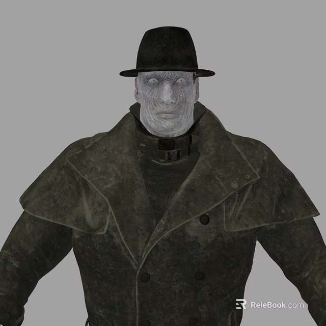 Game Movie Character With Black Top Hat And Pale Face In Dark Coat 3d model 