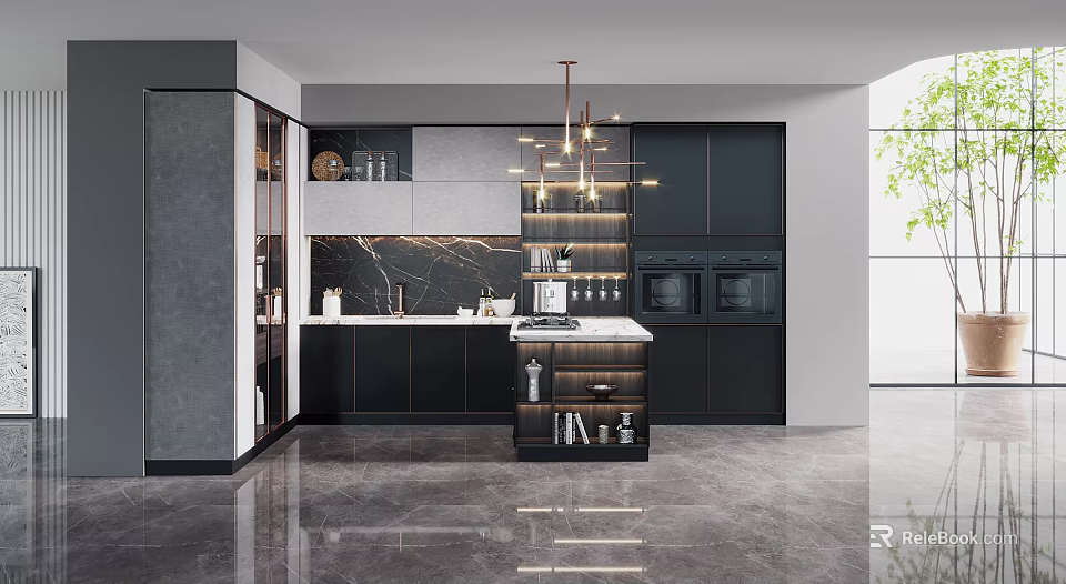 Modern Kitchen Interior Design With Dark Cabinets Island Counter And Pendant Lighting 3d model 
