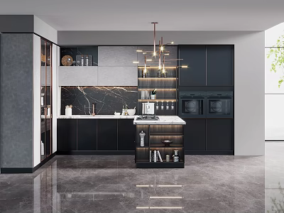 Modern Kitchen Interior Design With Dark Cabinets Island Counter And Pendant Lighting 3d model