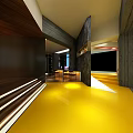 Modern Clubhouse Interior With Yellow Floor Wooden Benches And Large Screen Projections