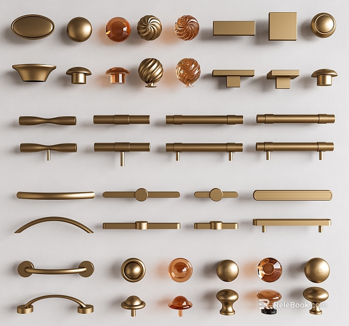 Various Stylish Cabinet Handles With Different Shapes And Golden Metal Finishes 3d model 