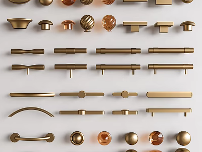 Various Stylish Cabinet Handles With Different Shapes And Golden Metal Finishes 3d model
