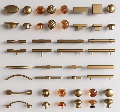 Various Stylish Cabinet Handles With Different Shapes And Golden Metal Finishes 3d model