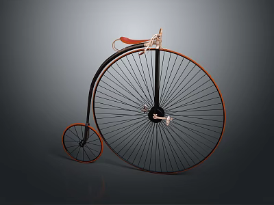 Vintage High Wheel Bicycle With Large Front Wheel Small Rear Wheel And Red Seat 3d model