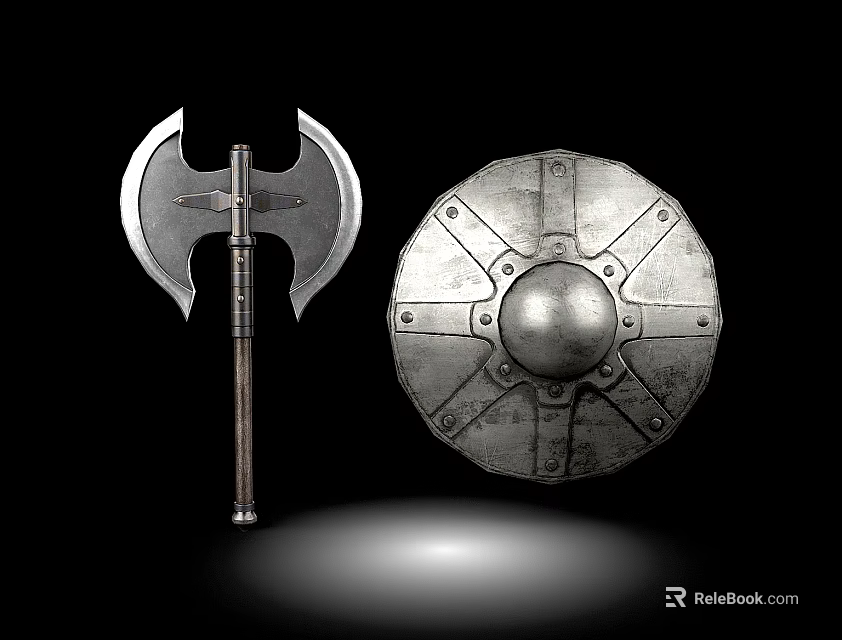 Ancient Medieval Metal Double Bladed Axe With Round Shield On Black Spotlight Background 3d model 