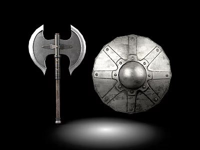 Ancient Medieval Metal Double Bladed Axe With Round Shield On Black Spotlight Background 3d model