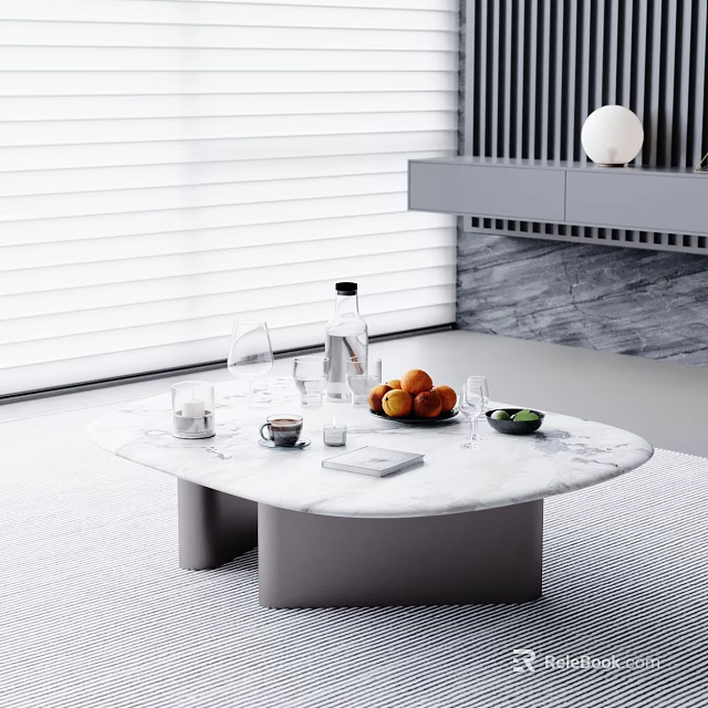 Modern Open Concept Kitchen With Marble Island Counter And Cabinets 3d model