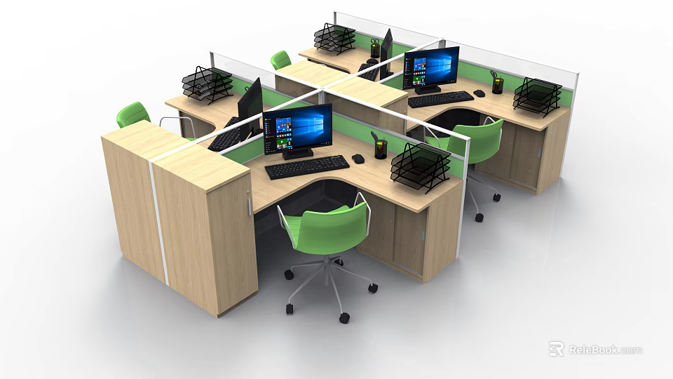 Modern Partitioned Office Workstations With Green Chairs Computers And File Organizers 3d model