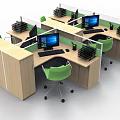 Modern Partitioned Office Workstations With Green Chairs Computers And File Organizers 3d model