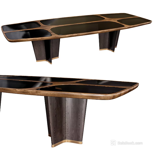 Modern Dining Table With Wooden Frame And Black Panel Tabletop Design 3d model
