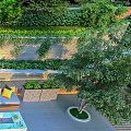 Courtyard Garden with Comfortable Sofa Yellow Cushions Green Plants Wooden Deck and Decorative Table