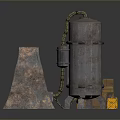 Household Rusty Cone Shaped Object With Cylindrical Metal Container And Small Yellow Box 3d model
