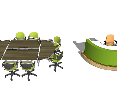 Modern Wooden Conference Table With Green Office Chairs And Curved Reception Desk 3d model