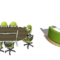 Modern Wooden Conference Table With Green Office Chairs And Curved Reception Desk