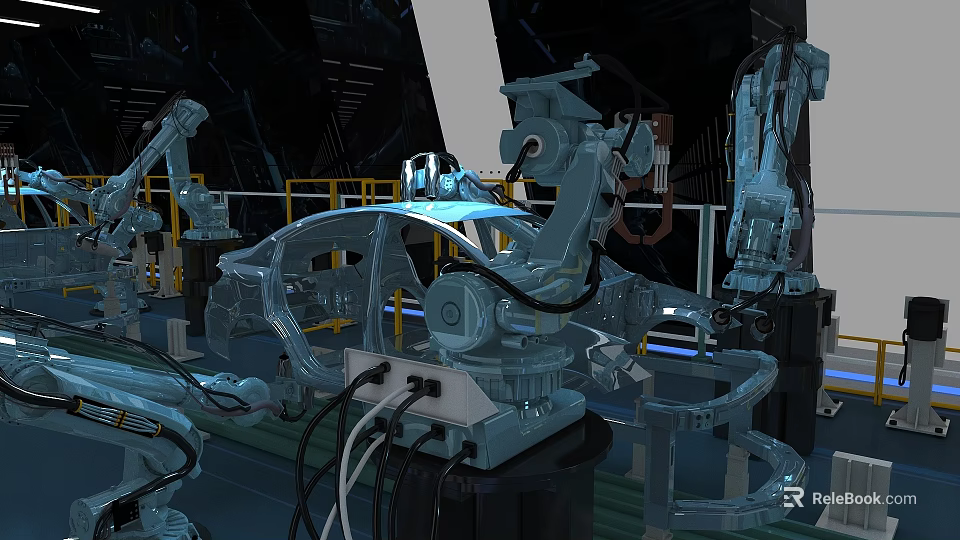 Industrial Robotic Equipment With Automated Arms Assembling Metal Frame In Automotive Production Line 3d model 