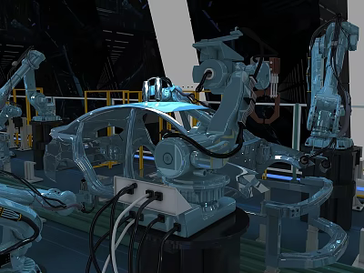 Industrial Robotic Equipment With Automated Arms Assembling Metal Frame In Automotive Production Line 3d model