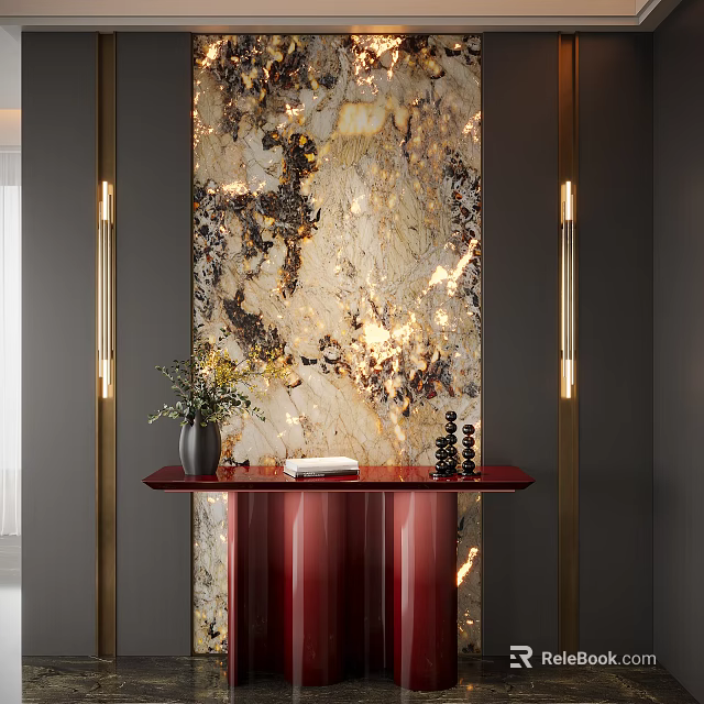 Entryway Hall with Decorative Marble Wall Red Console Table Vase and Golden Wall Lamps 3d model 