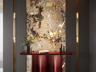 Entryway Hall with Decorative Marble Wall Red Console Table Vase and Golden Wall Lamps 3d model