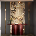 Entryway Hall with Decorative Marble Wall Red Console Table Vase and Golden Wall Lamps