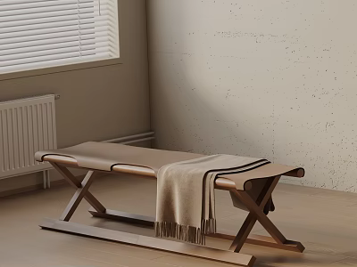 Wooden Bench With Cross Leg Design And Soft Blanket In Minimalist Interior 3d model