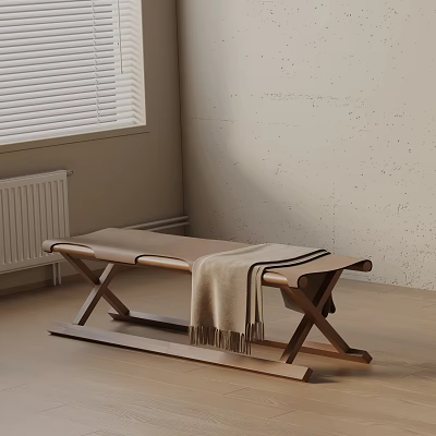 Wooden Bench With Cross Leg Design And Soft Blanket In Minimalist Interior 3d model