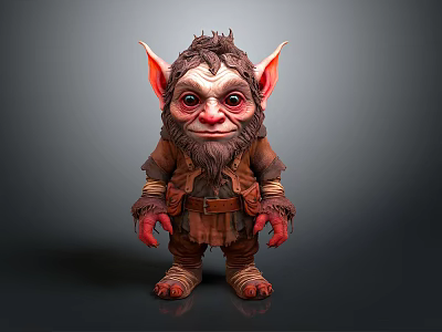 3D Cartoon Fantasy Goblin Character With Large Ears Furry Beard Red Hands And Feet 3d model