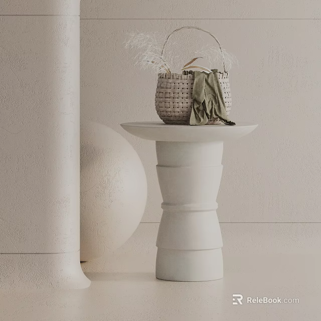 Minimalist White Cylindrical Side Table With Woven Basket Dried Plants And Soft Blanket In Modern Interior 3d model 