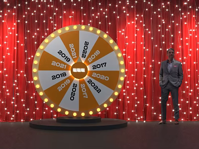 Red Curtain Background With Illuminated Spinning Wheel Year Numbers BIG Text And Man In Suit 3d model