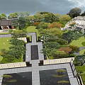 Serene Courtyard Garden Landscape With Lush Trees Green Lawn And Stone Pathways