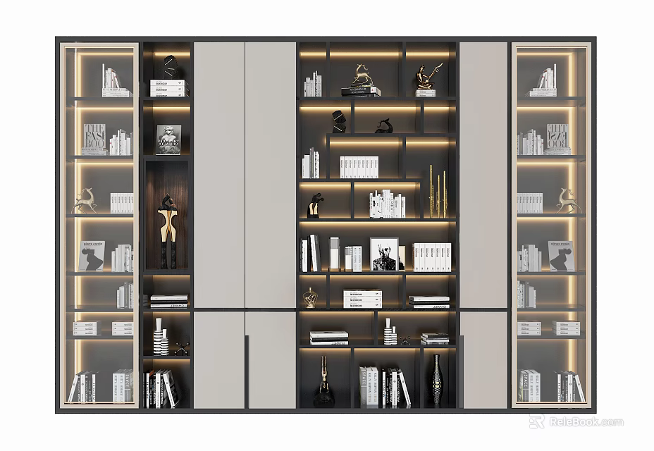 Modern Minimalist Bookcase With LED Lighting Glass Doors Metal Frame And Decorative Books 3d model 