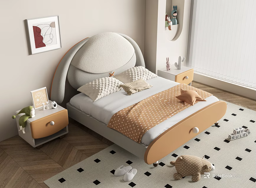 Kids Bed with Upholstered Headboard Light Wood Frame Polka Dot Pillow and Plush Dinosaur 3d model 