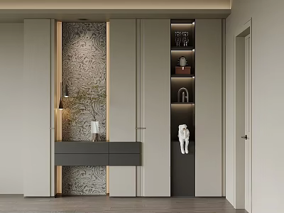 Modern Shoe Cabinet Interior With Sleek Storage Shelves And Decorative Elements 3d model