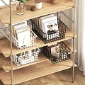 Wooden and Metal Frame Decorative Shelf with Black White Storage Baskets Magazines and Decorative Items