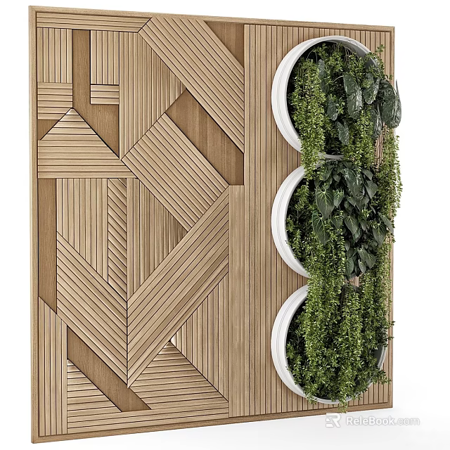 Green Plant Wall With Geometric Wooden Background White Round Pots And Lush Green Plants 3d model 