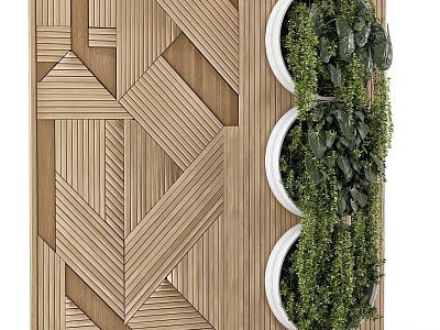 Green Plant Wall With Geometric Wooden Background White Round Pots And Lush Green Plants 3d model