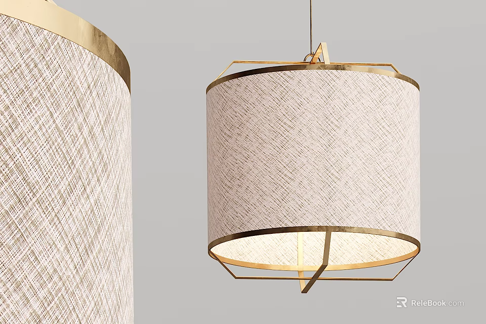Elegant Modern Pendant Light With Gold Frame And Textured Fabric Lampshade Design 3d model 