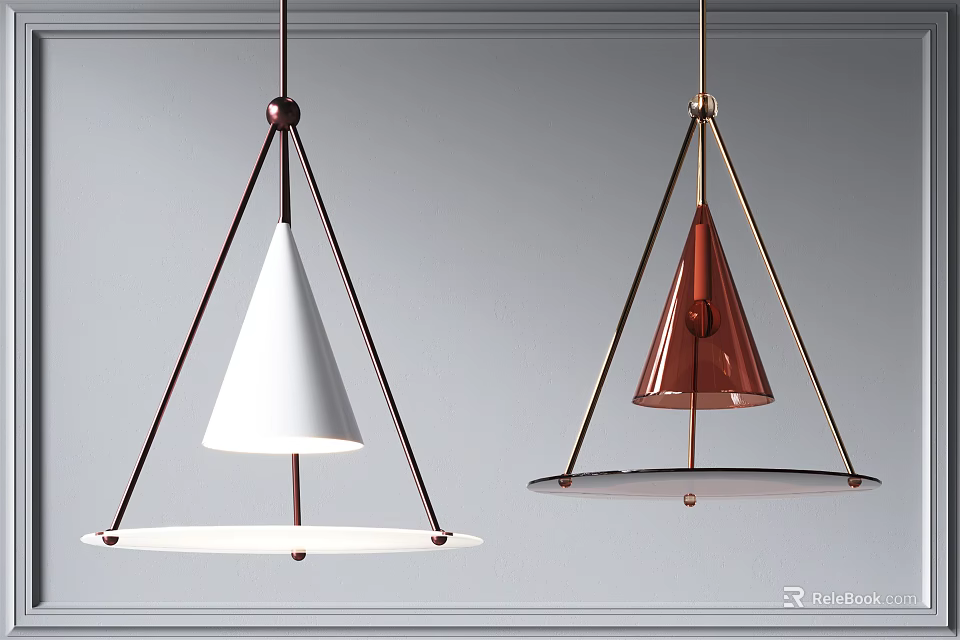 Modern Pendant Lights with White and Red Cone Shaped Shades Metal Frames Circular Bases 3d model 