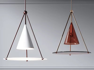 Modern Pendant Lights with White and Red Cone Shaped Shades Metal Frames Circular Bases 3d model