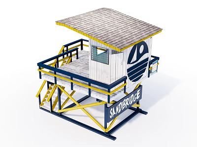 Lifeguard Station White Structure With Yellow Blue Railings And Stairs Roof And Surfers Sign 3d model