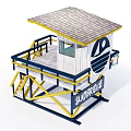 Lifeguard Station White Structure With Yellow Blue Railings And Stairs Roof And Surfers Sign
