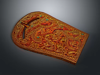 Bronze Gilded Belt Ornament With Dragon Pattern And Inlaid Gemstones 3d model