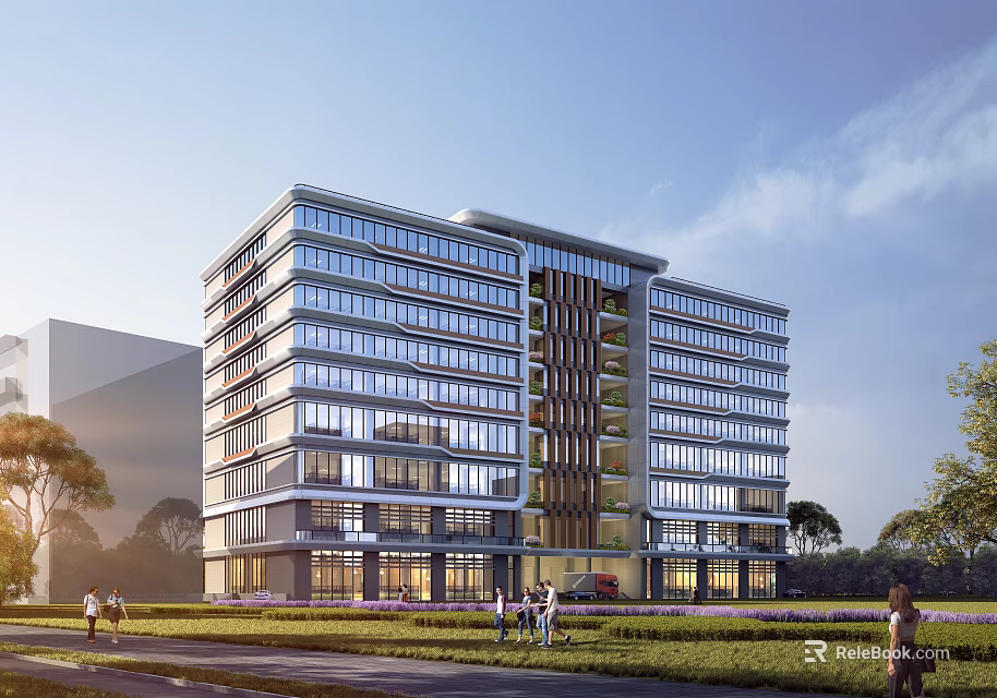 Modern Multi Storey Industrial Factory Building With Large Glass Windows And Landscaped Surroundings 3d model 